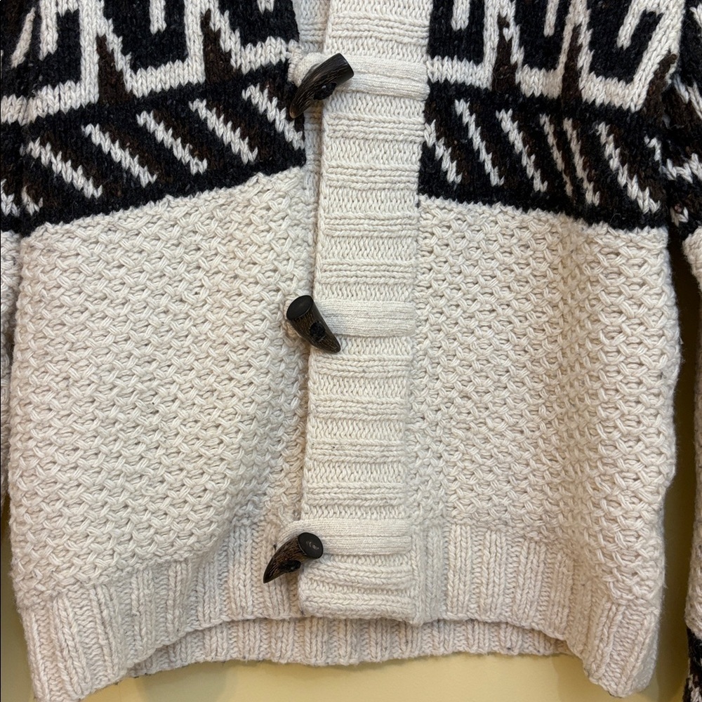 Vince | Cream Black Chunky Knit Shawl Fisherman Grandpa Wool Blend Cardigan L - Picture 12 of 17